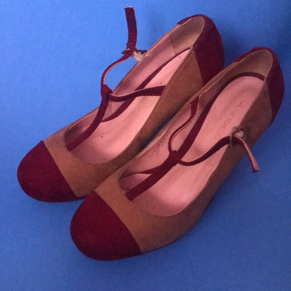 Brown and red heels
